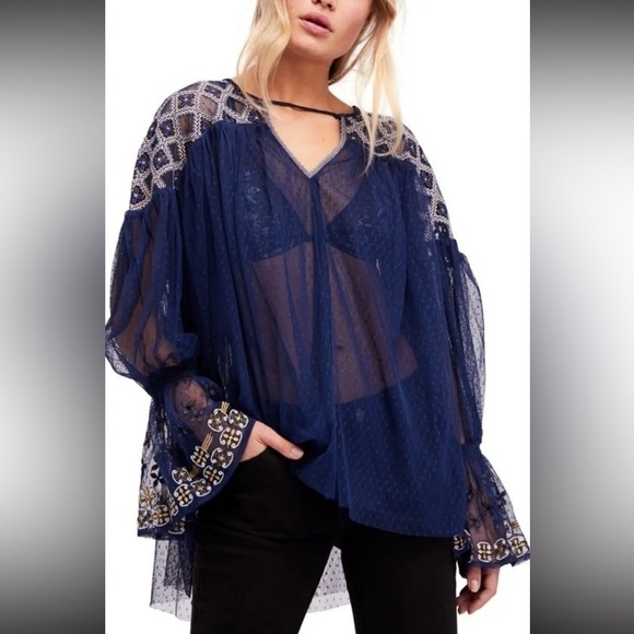 Free People Tops - Free People Joyride Lace Embroidered long sleeve top sheer blouse